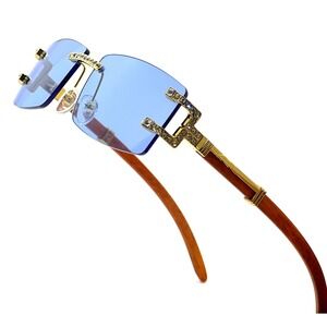 Rimless Sunglasses Men Rectangle Blue‎ Lens Wood Grain Arm Fashion Shades
